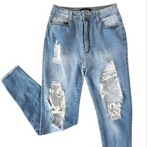 Fashion Nova Women's Skinny Jeans Size 13 Blue Denim Distressed High Rise Casual